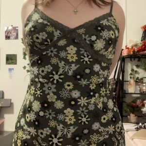 Dark Green floral dress with lacy top, above knee length